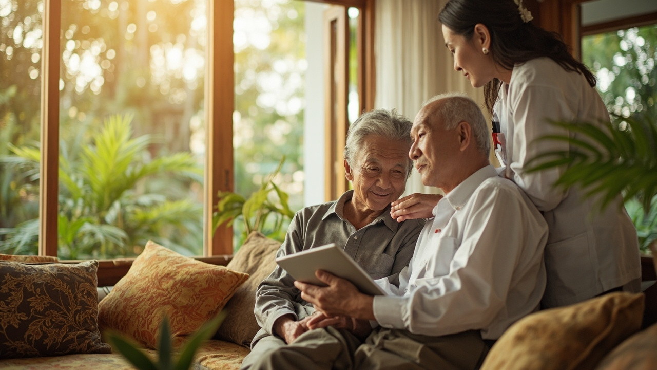 Generated editorial image for Healthcare And Wellbeing Access: mature residents combining comfortable home life with convenient wellness and healthcare support. This is contextual imagery, not a photograph of a specific listing or ThaiLife property.