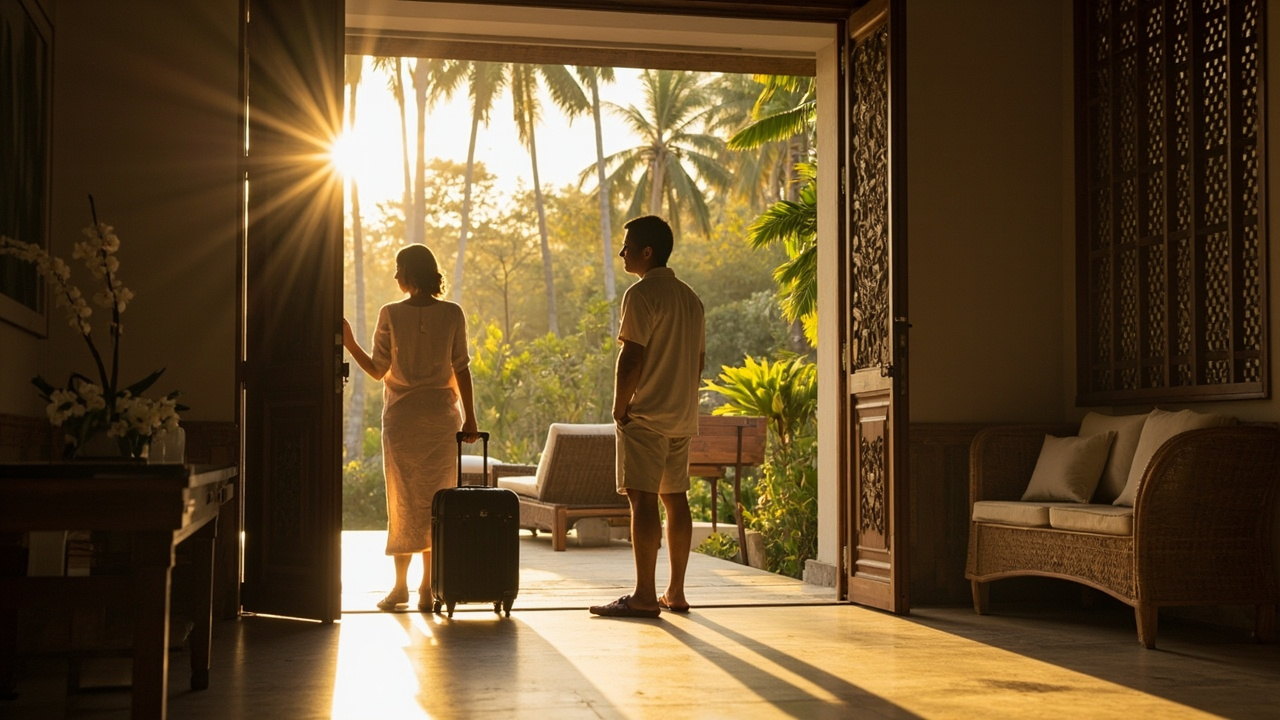 Generated editorial image for Airport Arrivals For Owners: returning homeowners arriving from Phuket Airport and opening their well-prepared Khao Lak villa. This is contextual imagery, not a photograph of a specific listing or ThaiLife property.