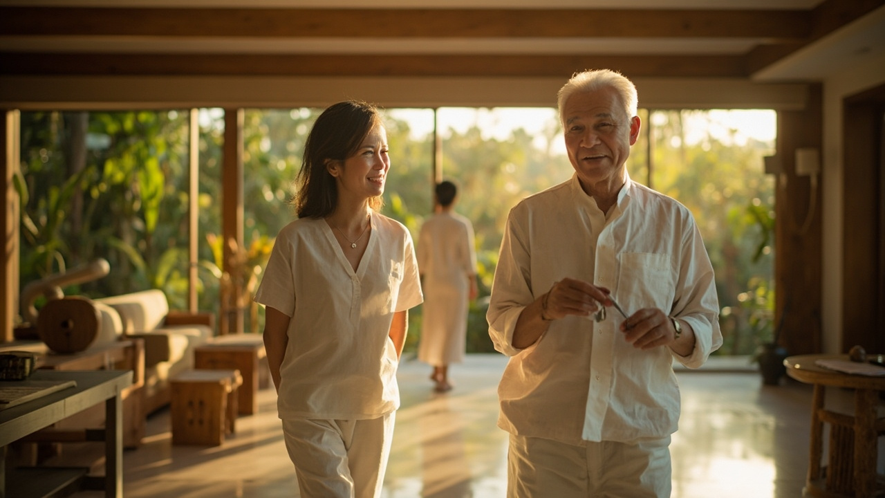Generated editorial image for Property Handover Day: happy new owners receiving keys, walking through the villa and celebrating quietly. This is contextual imagery, not a photograph of a specific listing or ThaiLife property.