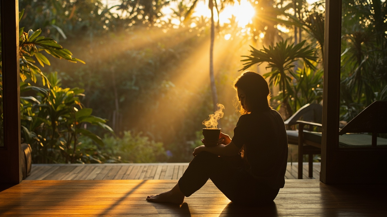 Generated editorial image for First Morning In A New Home: an owner enjoying coffee on a tropical terrace as soft morning light reaches the garden. This is contextual imagery, not a photograph of a specific listing or ThaiLife property.