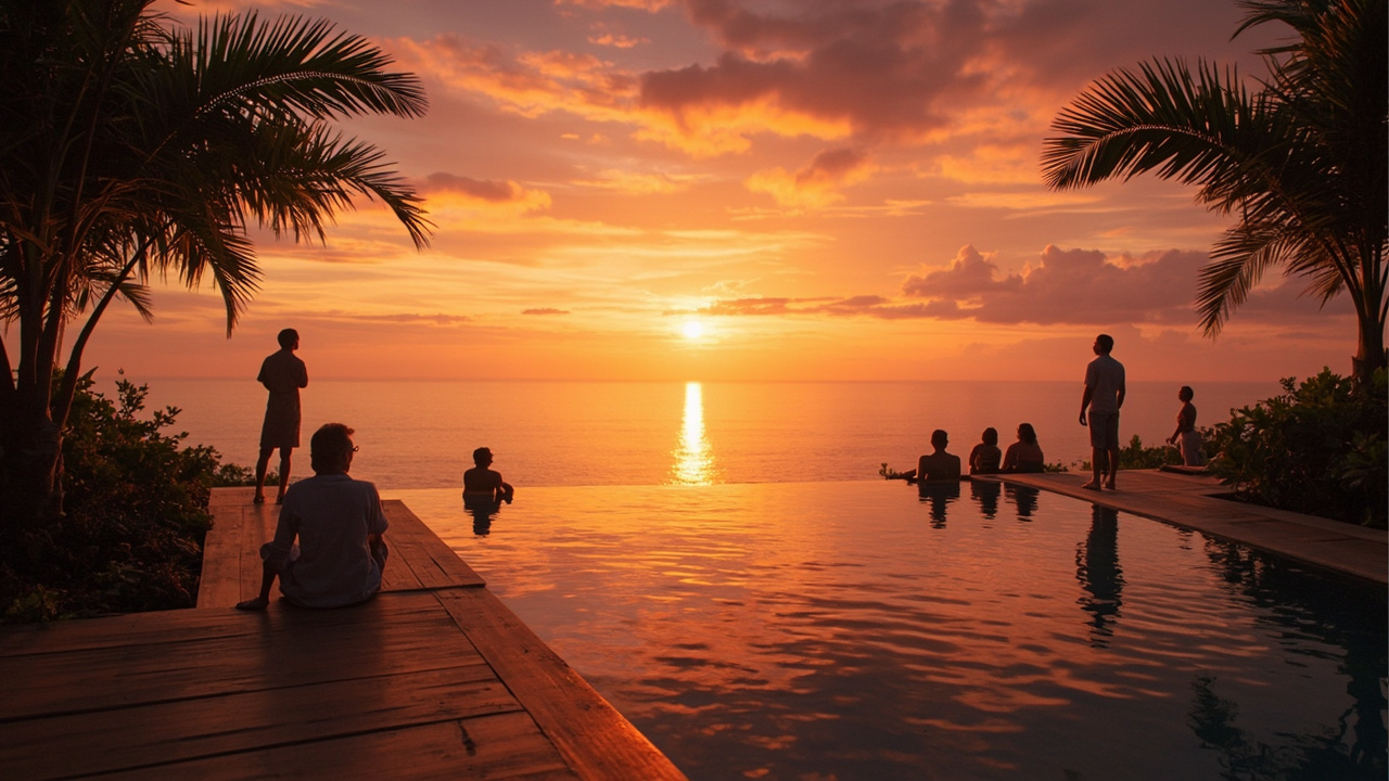 Generated editorial image for Sunset At Your Khao Lak Home: residents watching an Andaman sunset from their poolside terrace. This is contextual imagery, not a photograph of a specific listing or ThaiLife property.