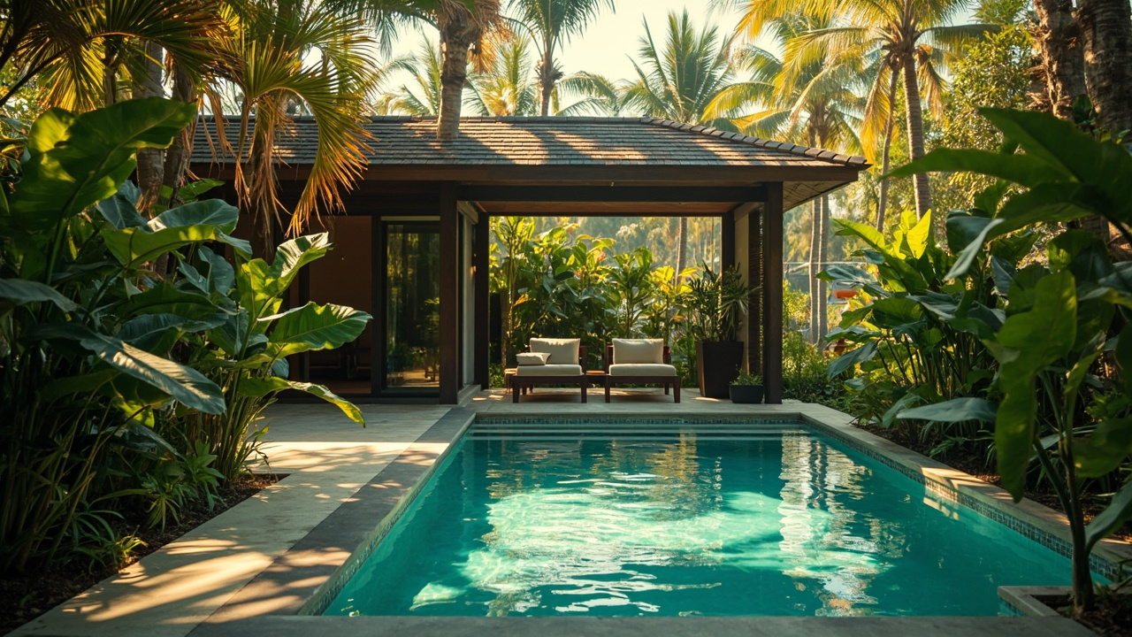 Generated editorial image for Pool Villas: a modern tropical pool villa with clear water, shaded terrace and lush private surroundings. This is contextual imagery, not a photograph of a specific listing or ThaiLife property.