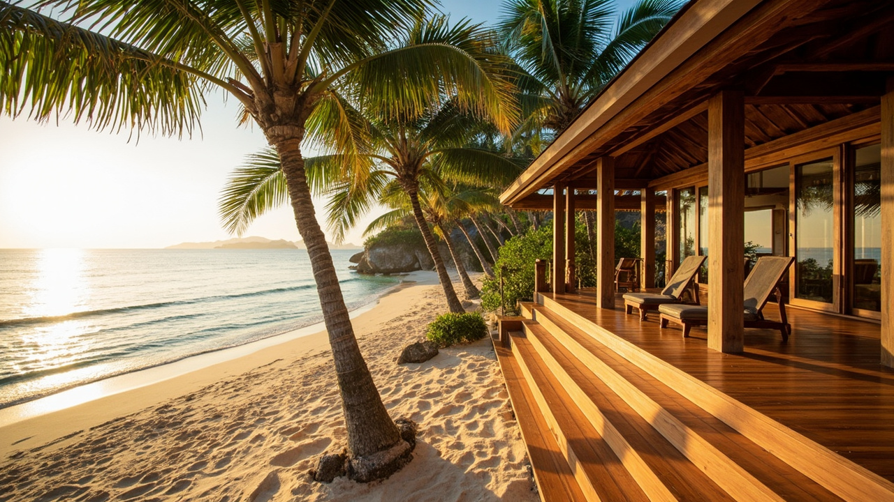 Generated editorial image for Beach Houses: a refined coastal house with breezy veranda, palms and close access to a quiet Khao Lak beach. This is contextual imagery, not a photograph of a specific listing or ThaiLife property.