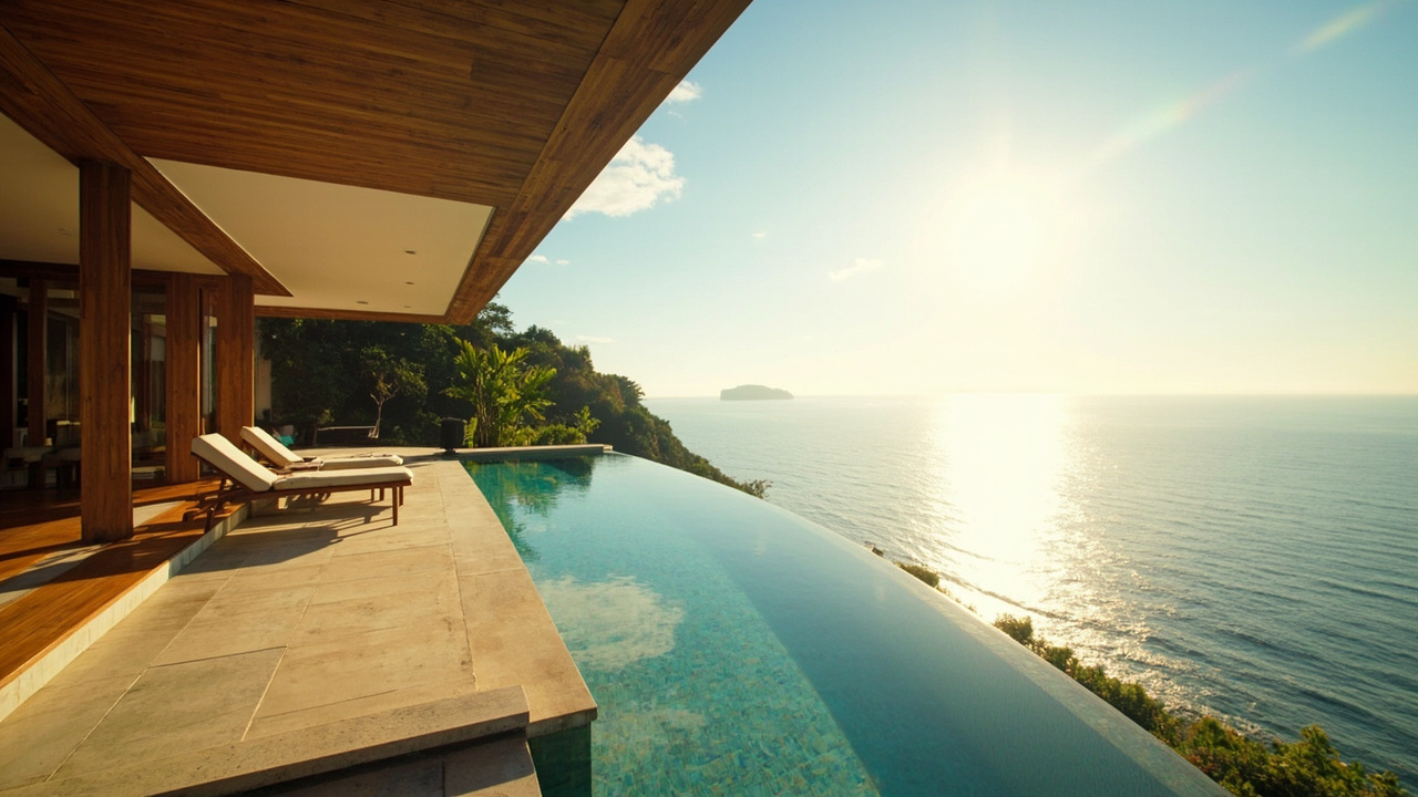 Generated editorial image for Sea View Villas: an elevated villa with infinity-edge outlook, broad sea view and elegant indoor-outdoor living. This is contextual imagery, not a photograph of a specific listing or ThaiLife property.
