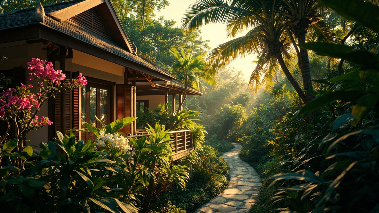Generated editorial image for Garden Villas: a private villa surrounded by mature tropical gardens, flowering plants and shaded pathways. This is contextual imagery, not a photograph of a specific listing or ThaiLife property.