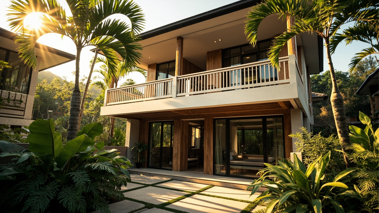 Generated editorial image for Two-Storey Homes: a stylish two-level home with balconies, shaded lower terrace and tropical planting. This is contextual imagery, not a photograph of a specific listing or ThaiLife property.