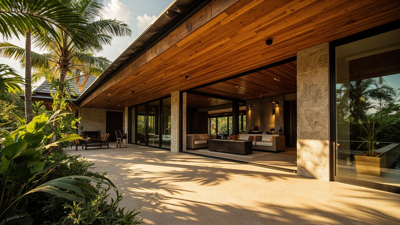 Generated editorial image for Modern Tropical Homes: a contemporary Khao Lak house using deep eaves, natural materials and seamless indoor-outdoor design. This is contextual imagery, not a photograph of a specific listing or ThaiLife property.