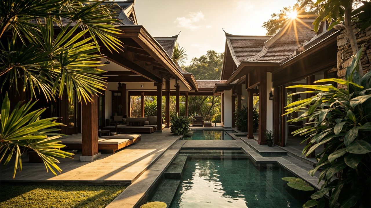 Generated editorial image for Thai-Style Homes: an elegant home with subtle Thai rooflines, timber details and modern tropical comfort. This is contextual imagery, not a photograph of a specific listing or ThaiLife property.