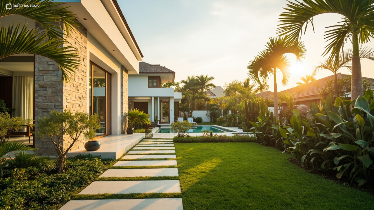 Generated editorial image for New-Build Homes: a newly completed villa with fresh landscaping, clean finishes and move-in-ready presentation. This is contextual imagery, not a photograph of a specific listing or ThaiLife property.