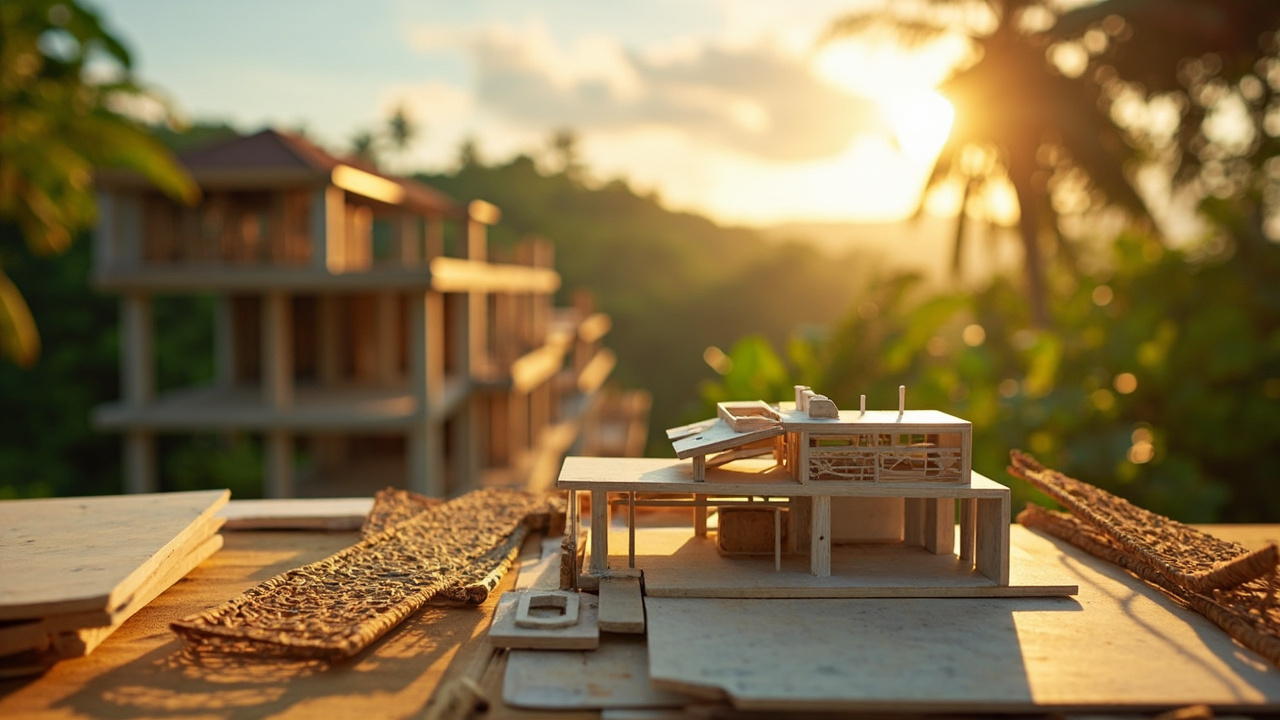 Generated editorial image for Off-Plan Villas: a construction-and-design scene showing a future tropical villa through models, materials and an active site without readable plans. This is contextual imagery, not a photograph of a specific listing or ThaiLife property.