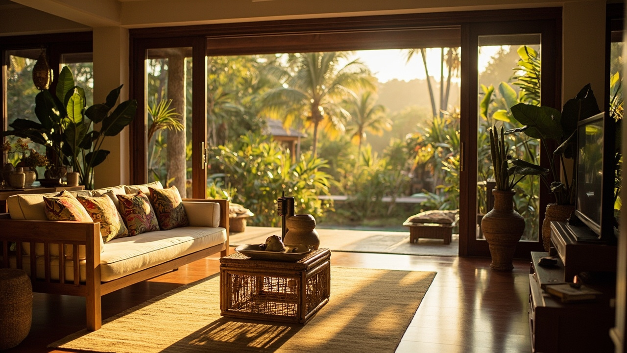 Generated editorial image for Furnished Homes: an inviting tropical living room with quality furniture, local accents and open garden views. This is contextual imagery, not a photograph of a specific listing or ThaiLife property.