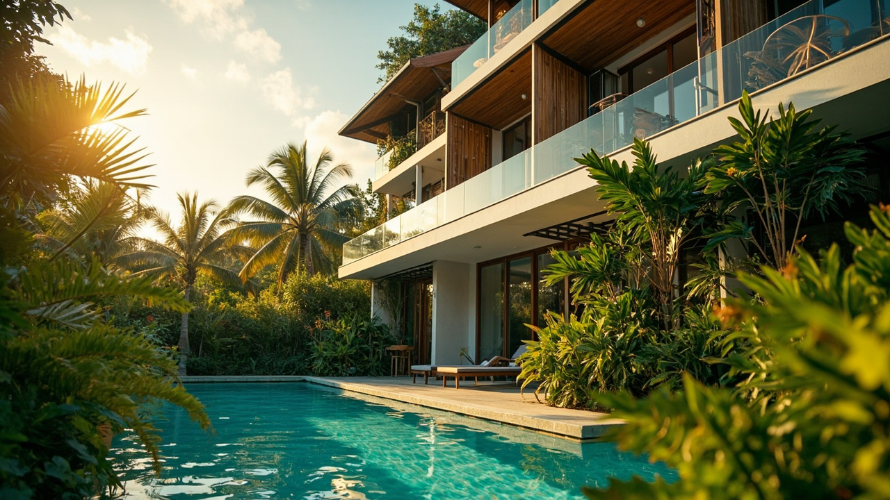 Generated editorial image for Condos And Apartments: a modern low-rise residential building in Khao Lak with balconies, greenery and pool access. This is contextual imagery, not a photograph of a specific listing or ThaiLife property.