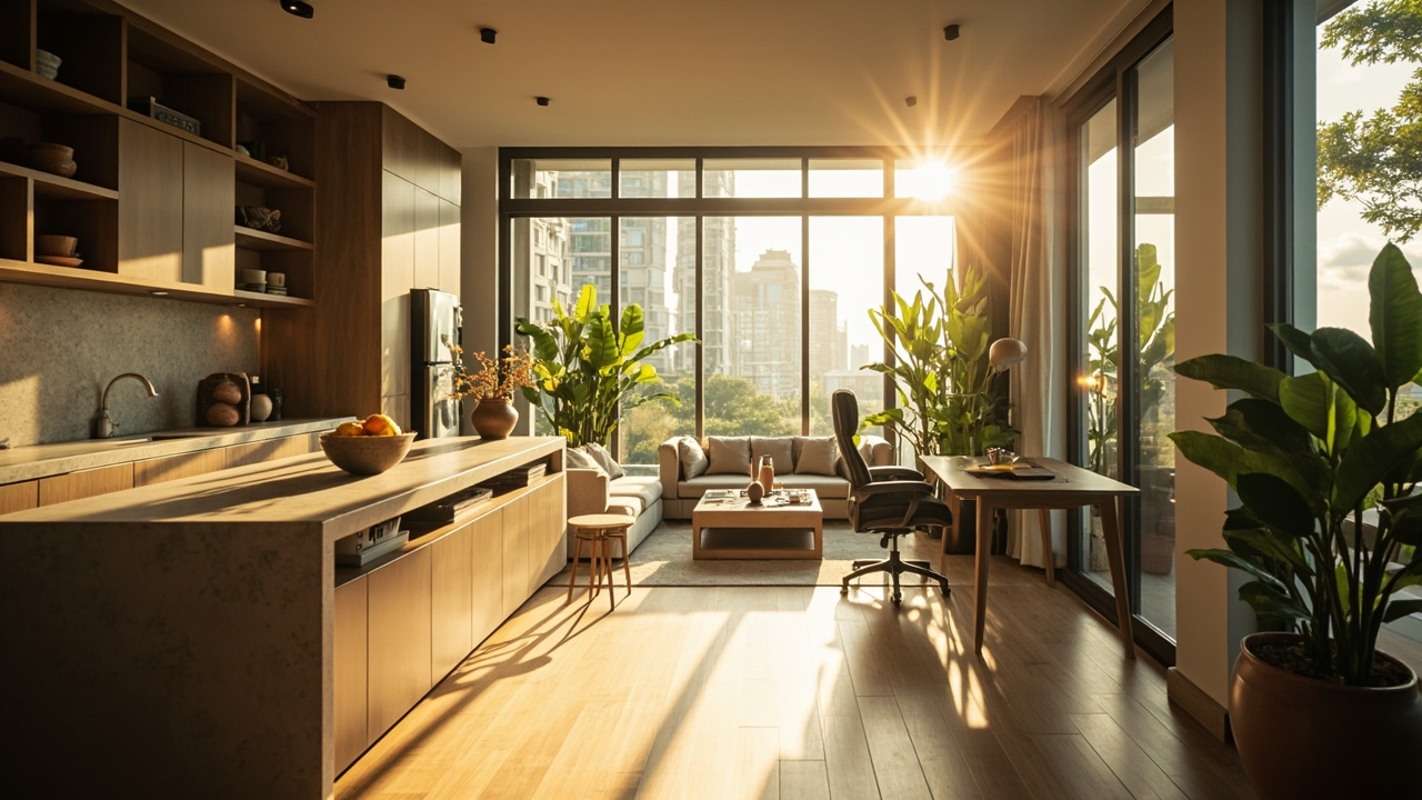 Generated editorial image for Serviced Apartments: a comfortable apartment interior with practical kitchen, work area and hospitality-style convenience. This is contextual imagery, not a photograph of a specific listing or ThaiLife property.