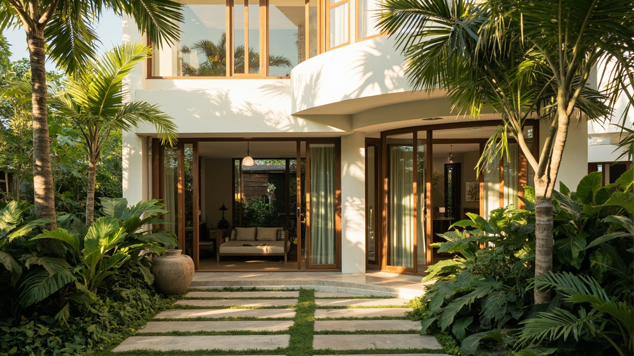 Generated editorial image for Duplex Homes: a smart tropical duplex with private entrances, compact gardens and contemporary architecture. This is contextual imagery, not a photograph of a specific listing or ThaiLife property.