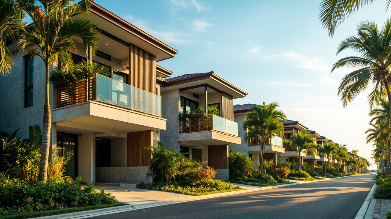 Generated editorial image for Townhouses: a neat row of modern tropical townhouses near Khao Lak town with practical urban-coastal living. This is contextual imagery, not a photograph of a specific listing or ThaiLife property.