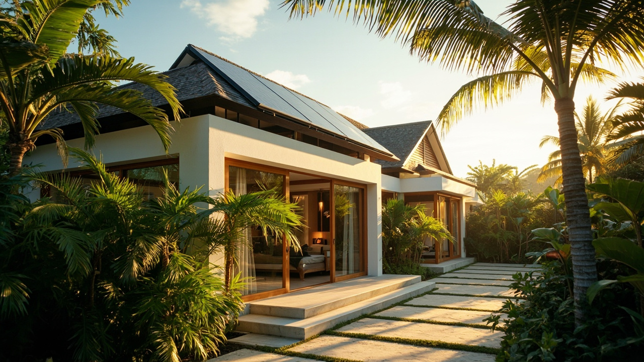 Generated editorial image for Solar-Ready Homes: a modern Khao Lak home with discreet rooftop solar panels and energy-conscious tropical design. This is contextual imagery, not a photograph of a specific listing or ThaiLife property.