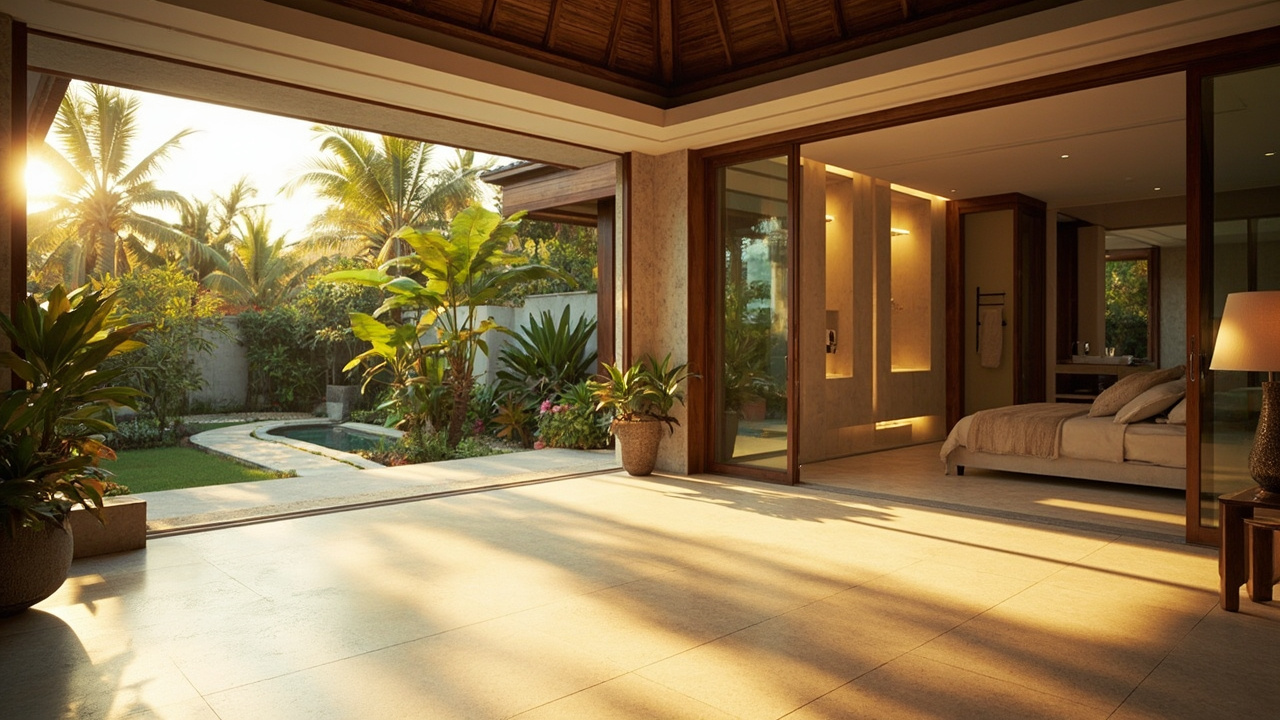 Generated editorial image for Accessible Villas: an elegant villa with wide doors, level thresholds, accessible bathroom and smooth garden pathways. This is contextual imagery, not a photograph of a specific listing or ThaiLife property.