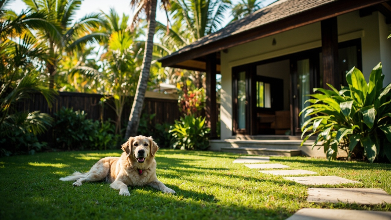 Generated editorial image for Pet-Friendly Homes: a secure tropical property with fenced garden, shaded outdoor area and a happy dog. This is contextual imagery, not a photograph of a specific listing or ThaiLife property.