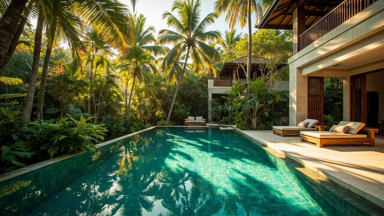 Generated editorial image for Private Pools: a secluded villa pool framed by palms, privacy planting and a generous shaded terrace. This is contextual imagery, not a photograph of a specific listing or ThaiLife property.