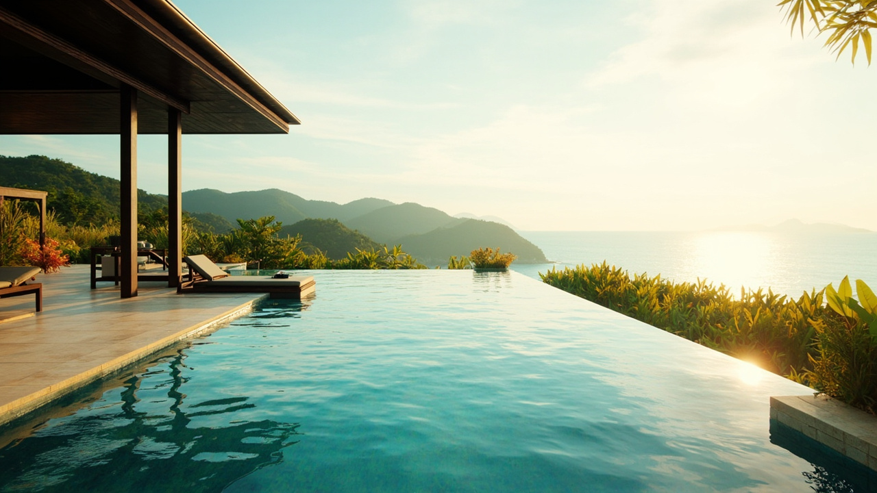Generated editorial image for Infinity Pools: an infinity-edge pool overlooking sea or green hills in the Khao Lak region. This is contextual imagery, not a photograph of a specific listing or ThaiLife property.