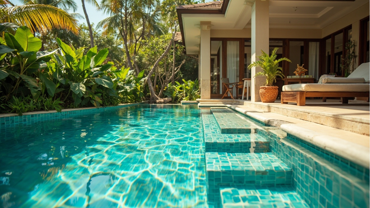 Generated editorial image for Child-Friendly Pools: a family villa pool with shallow area, safe supervision and cheerful tropical surroundings. This is contextual imagery, not a photograph of a specific listing or ThaiLife property.