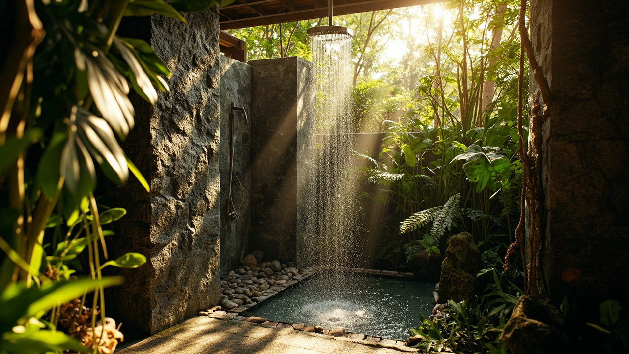 Generated editorial image for Outdoor Showers: a tasteful private outdoor shower using natural stone, tropical plants and spa-like design. This is contextual imagery, not a photograph of a specific listing or ThaiLife property.