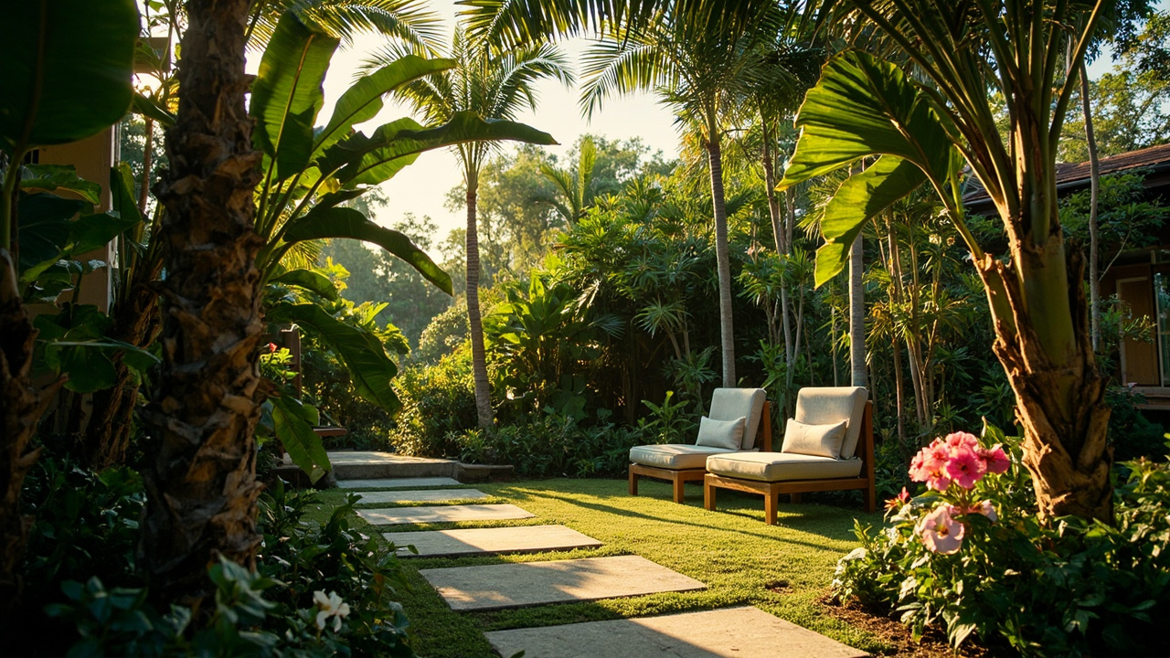 Generated editorial image for Tropical Gardens: a richly planted residential garden with palms, flowering shrubs, stepping stones and restful seating. This is contextual imagery, not a photograph of a specific listing or ThaiLife property.