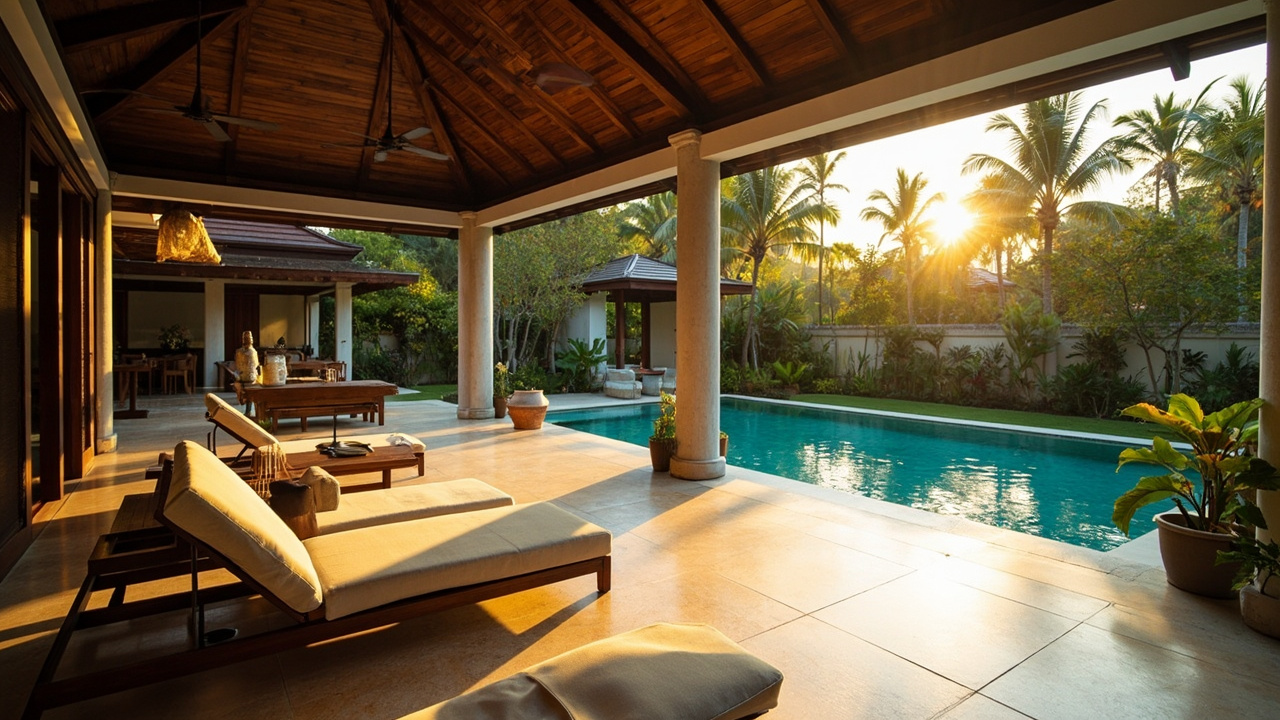 Generated editorial image for Covered Terraces: a wide shaded terrace with ceiling fans, comfortable seating and views across pool and garden. This is contextual imagery, not a photograph of a specific listing or ThaiLife property.