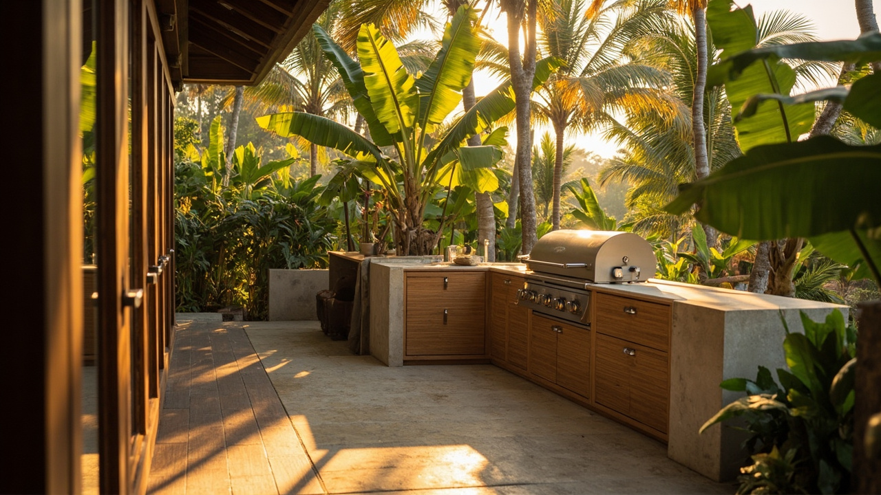 Generated editorial image for Outdoor Kitchens: a practical tropical outdoor kitchen and barbecue area beside a villa terrace. This is contextual imagery, not a photograph of a specific listing or ThaiLife property.
