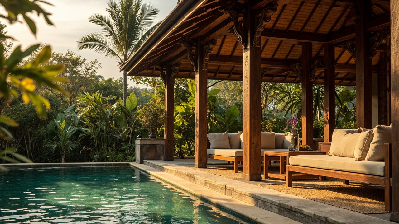 Generated editorial image for Salas And Pavilions: a Thai-inspired garden sala beside a pool with relaxed seating and natural materials. This is contextual imagery, not a photograph of a specific listing or ThaiLife property.