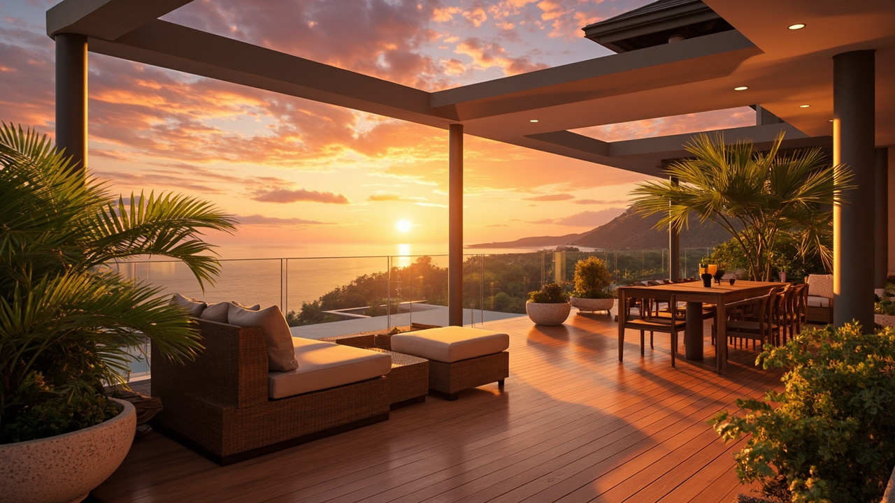 Generated editorial image for Rooftop Terraces: a safe stylish rooftop terrace with sunset views, shaded lounge and tropical planting. This is contextual imagery, not a photograph of a specific listing or ThaiLife property.