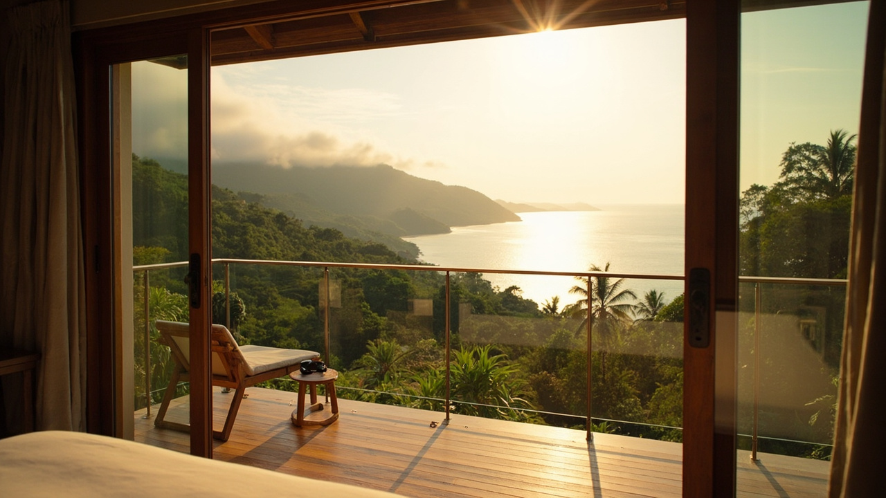 Generated editorial image for Balconies With Views: a private bedroom balcony overlooking greenery, hills or the Andaman horizon. This is contextual imagery, not a photograph of a specific listing or ThaiLife property.