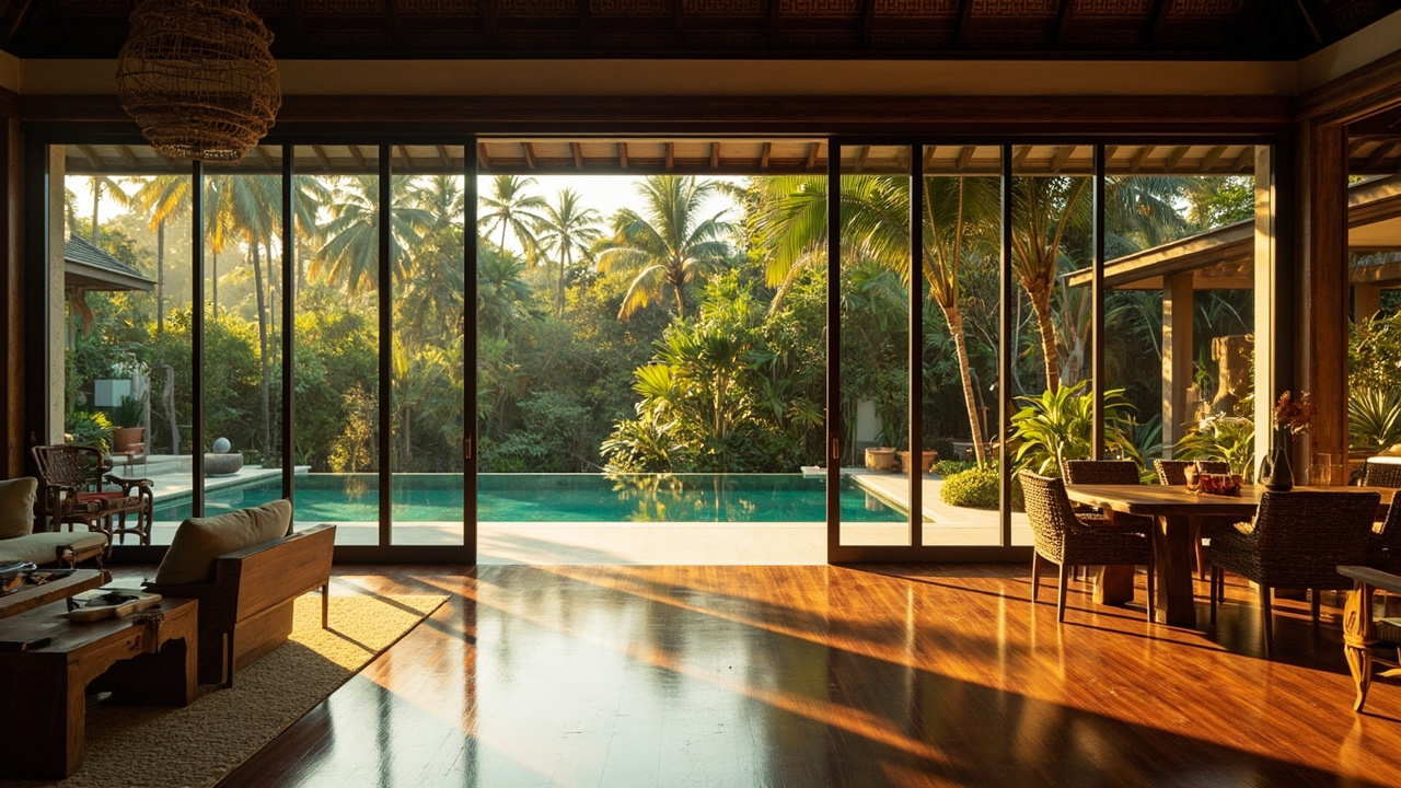 Generated editorial image for Open-Plan Living: a spacious living-dining area opening fully to a pool terrace and tropical garden. This is contextual imagery, not a photograph of a specific listing or ThaiLife property.