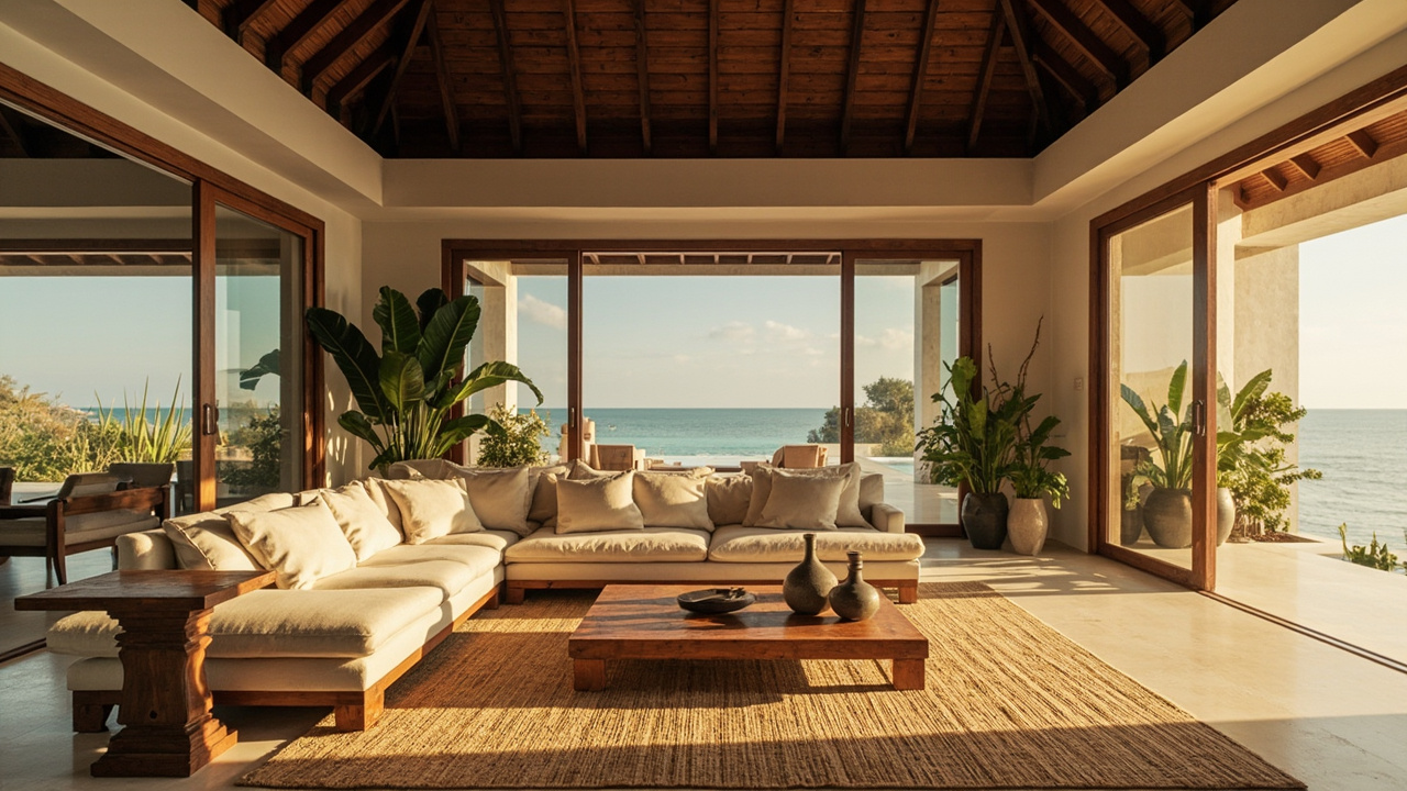 Generated editorial image for Living Rooms: a comfortable modern tropical living room with natural textures and soft coastal light. This is contextual imagery, not a photograph of a specific listing or ThaiLife property.