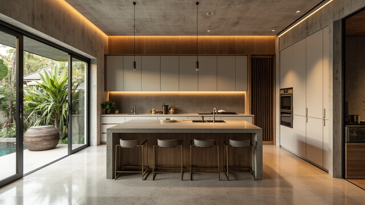 Generated editorial image for Modern Kitchens: a clean contemporary kitchen with generous storage, island bench and practical tropical-home design. This is contextual imagery, not a photograph of a specific listing or ThaiLife property.