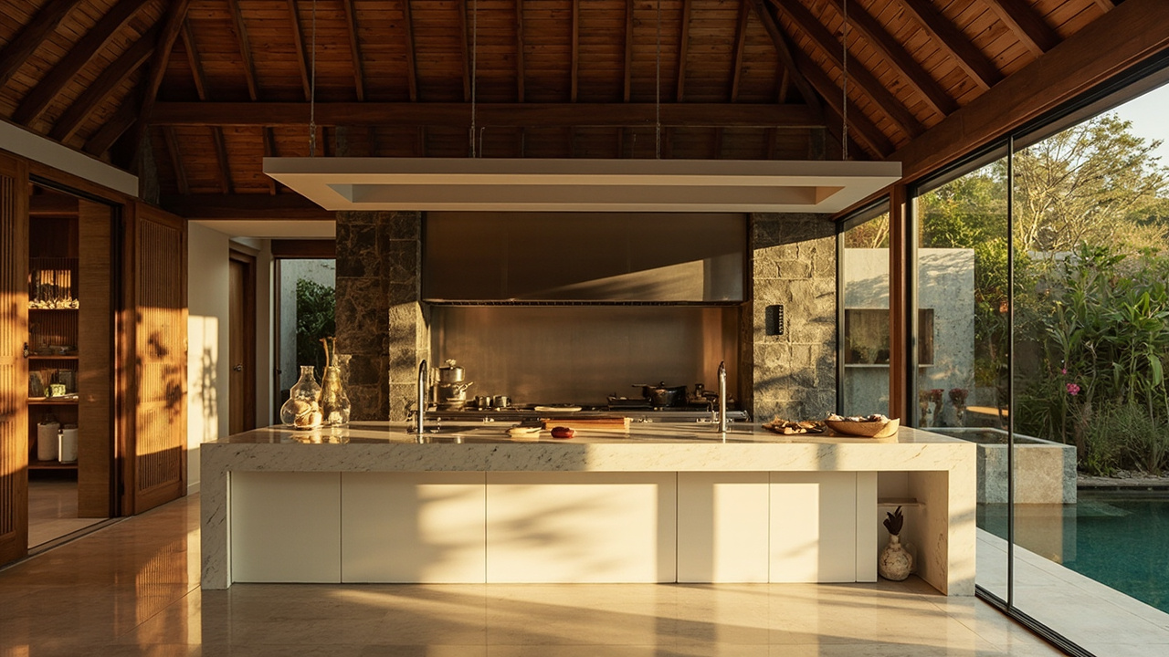 Generated editorial image for Thai-Western Kitchens: a well-designed home with separate Thai cooking area and modern western kitchen working together. This is contextual imagery, not a photograph of a specific listing or ThaiLife property.