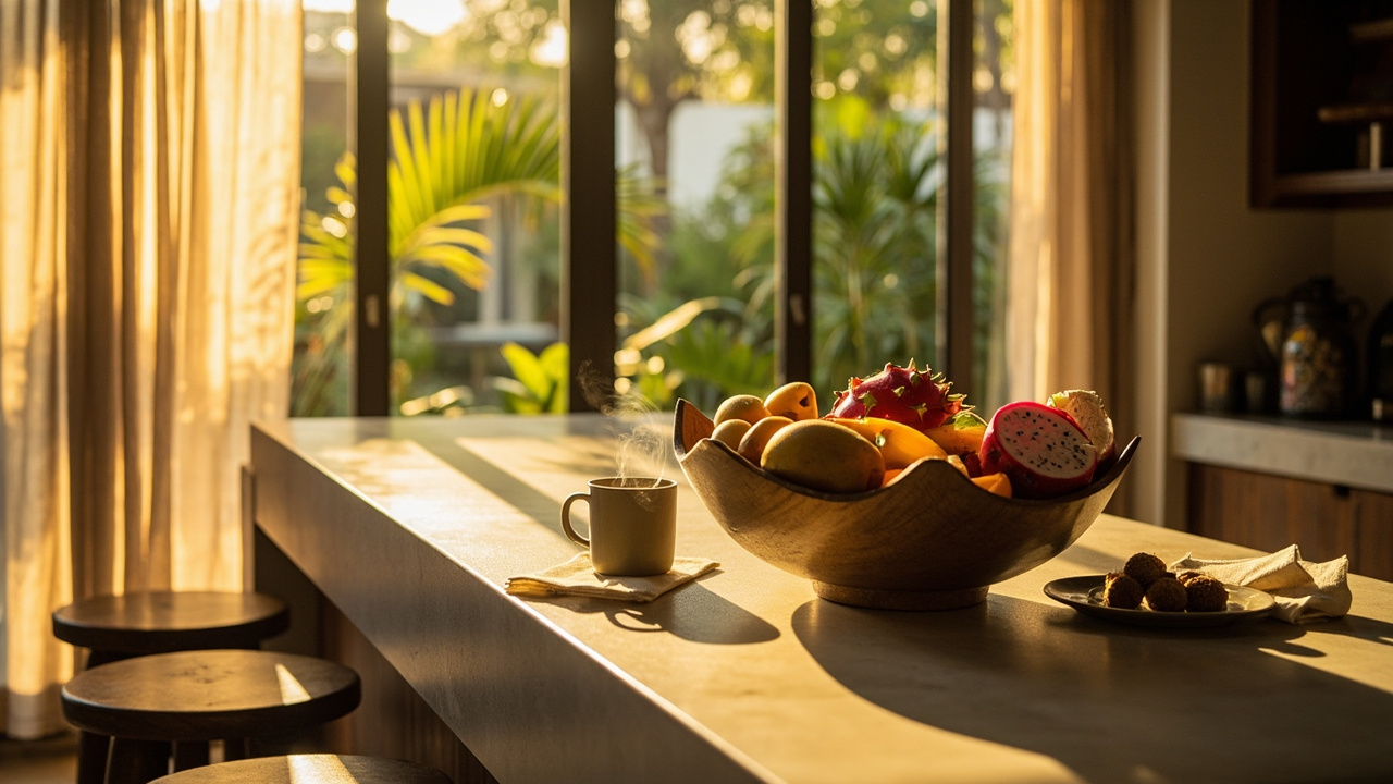 Generated editorial image for Breakfast Bars: a bright kitchen breakfast bar with tropical fruit, morning light and casual family use. This is contextual imagery, not a photograph of a specific listing or ThaiLife property.