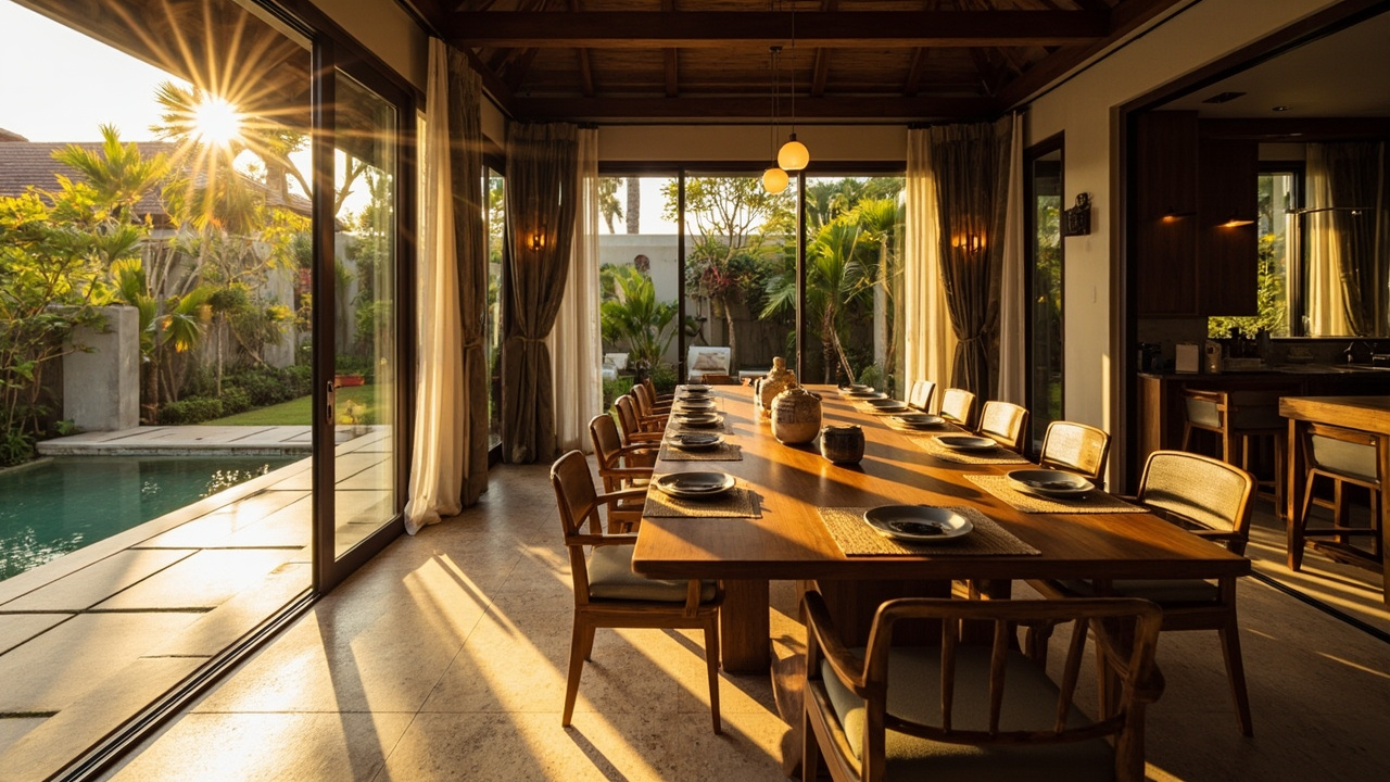 Generated editorial image for Dining Areas: an elegant indoor-outdoor dining space ready for family meals and relaxed entertaining. This is contextual imagery, not a photograph of a specific listing or ThaiLife property.