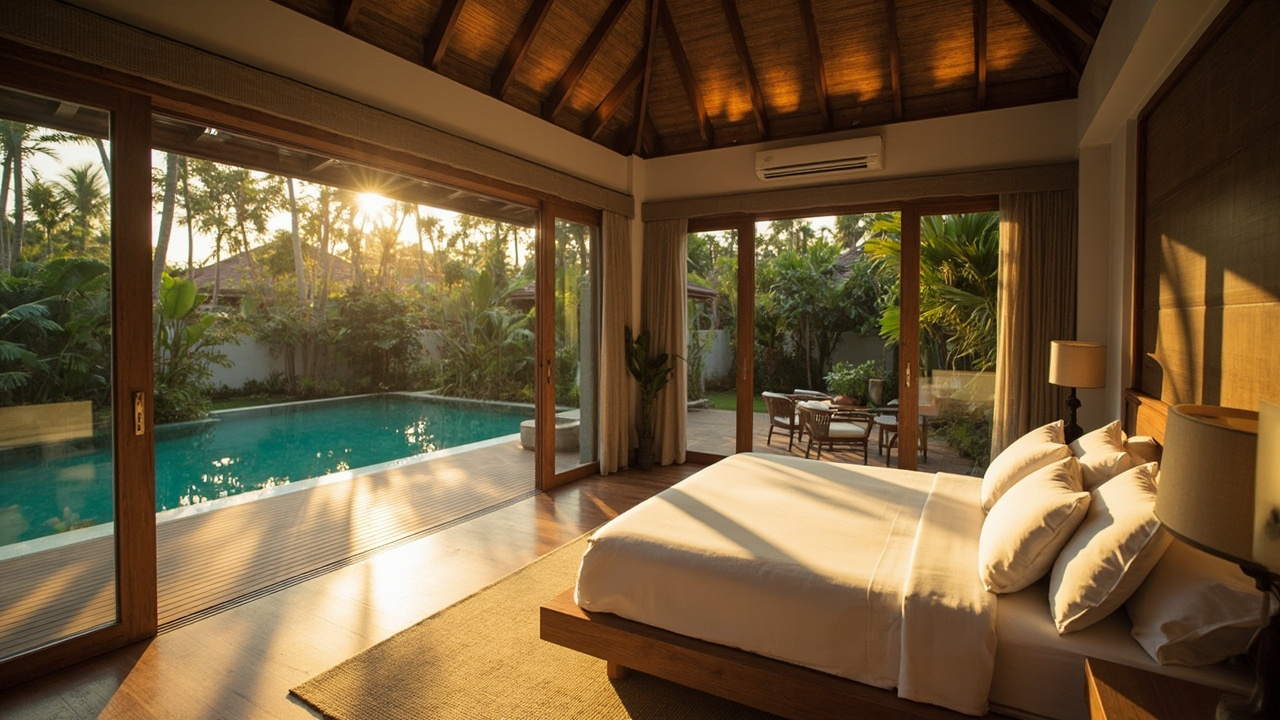 Generated editorial image for Master Bedrooms: a calm spacious main bedroom opening toward a private garden or pool. This is contextual imagery, not a photograph of a specific listing or ThaiLife property.