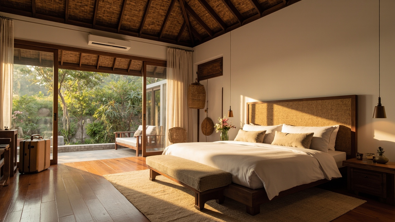 Generated editorial image for Guest Bedrooms: a welcoming guest room with natural materials, luggage space and tropical comfort. This is contextual imagery, not a photograph of a specific listing or ThaiLife property.