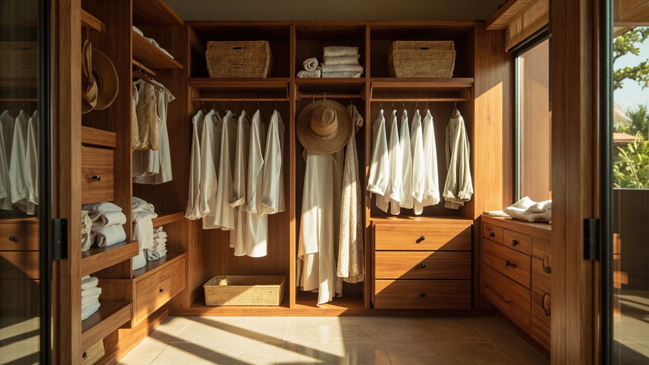 Generated editorial image for Walk-In Wardrobes: an organised walk-in wardrobe suited to long-stay tropical living with practical storage. This is contextual imagery, not a photograph of a specific listing or ThaiLife property.