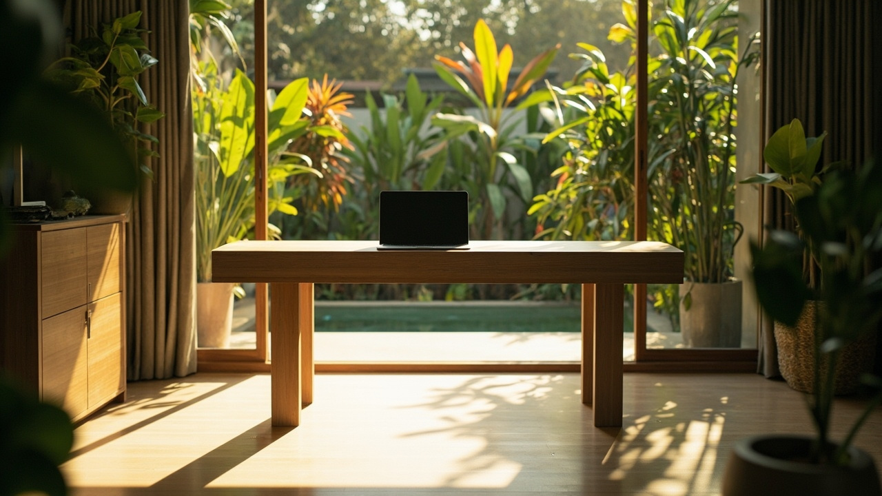 Generated editorial image for Home Offices: a quiet dedicated home office with garden view, laptop workspace and strong natural light. This is contextual imagery, not a photograph of a specific listing or ThaiLife property.