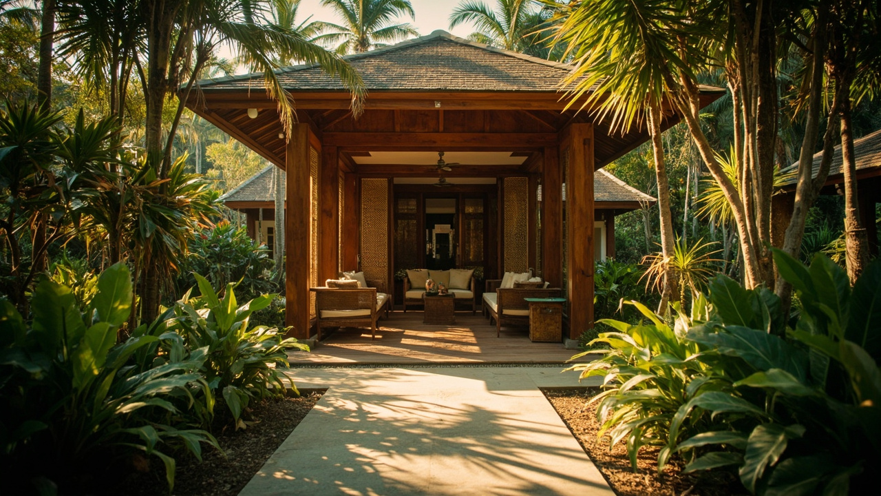 Generated editorial image for Guest Pavilions: a separate guest pavilion within a tropical compound with veranda and garden privacy. This is contextual imagery, not a photograph of a specific listing or ThaiLife property.