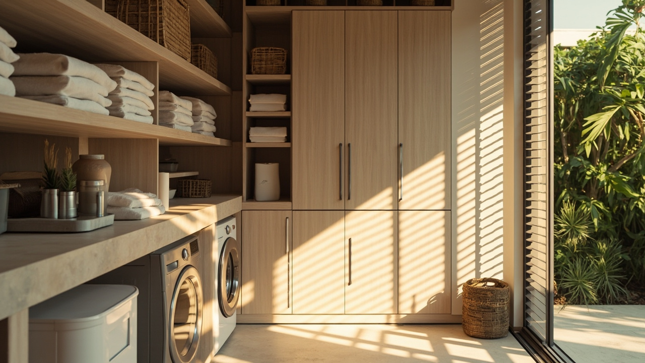 Generated editorial image for Staff And Utility Rooms: a practical behind-the-scenes residential service area with laundry, storage and organised utilities. This is contextual imagery, not a photograph of a specific listing or ThaiLife property.
