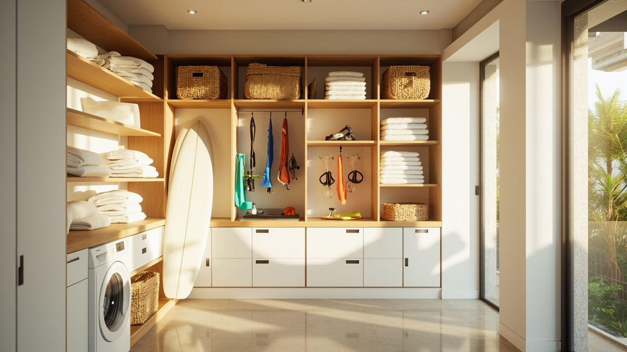 Generated editorial image for Storage And Laundry Areas: a clean functional utility room designed for beach gear, linen and long-stay household needs. This is contextual imagery, not a photograph of a specific listing or ThaiLife property.