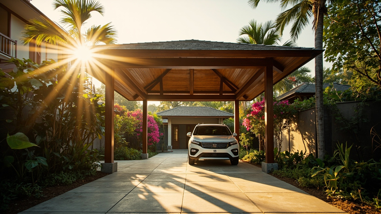 Generated editorial image for Covered Parking: a tropical home with shaded carport, secure entry and easy all-weather access. This is contextual imagery, not a photograph of a specific listing or ThaiLife property.