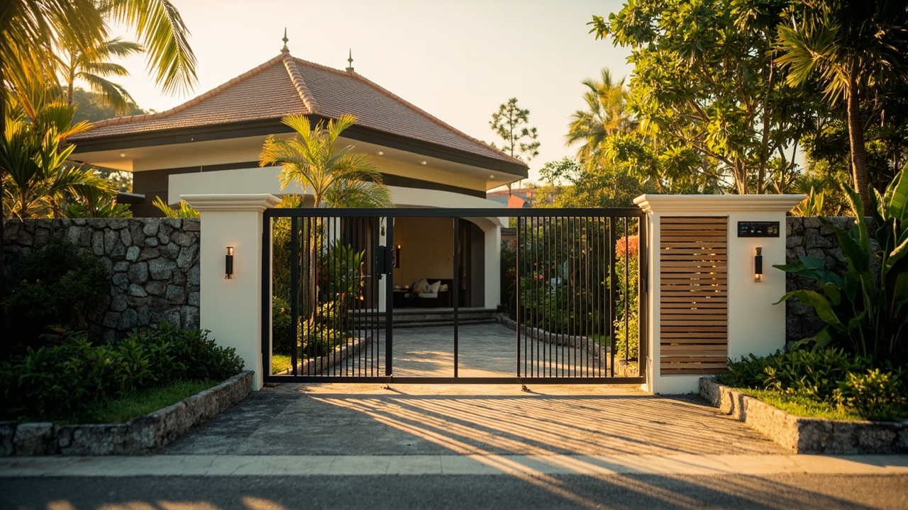 Generated editorial image for Electric Gates: a discreet automated property entrance with attractive walls, landscaping and secure driveway. This is contextual imagery, not a photograph of a specific listing or ThaiLife property.