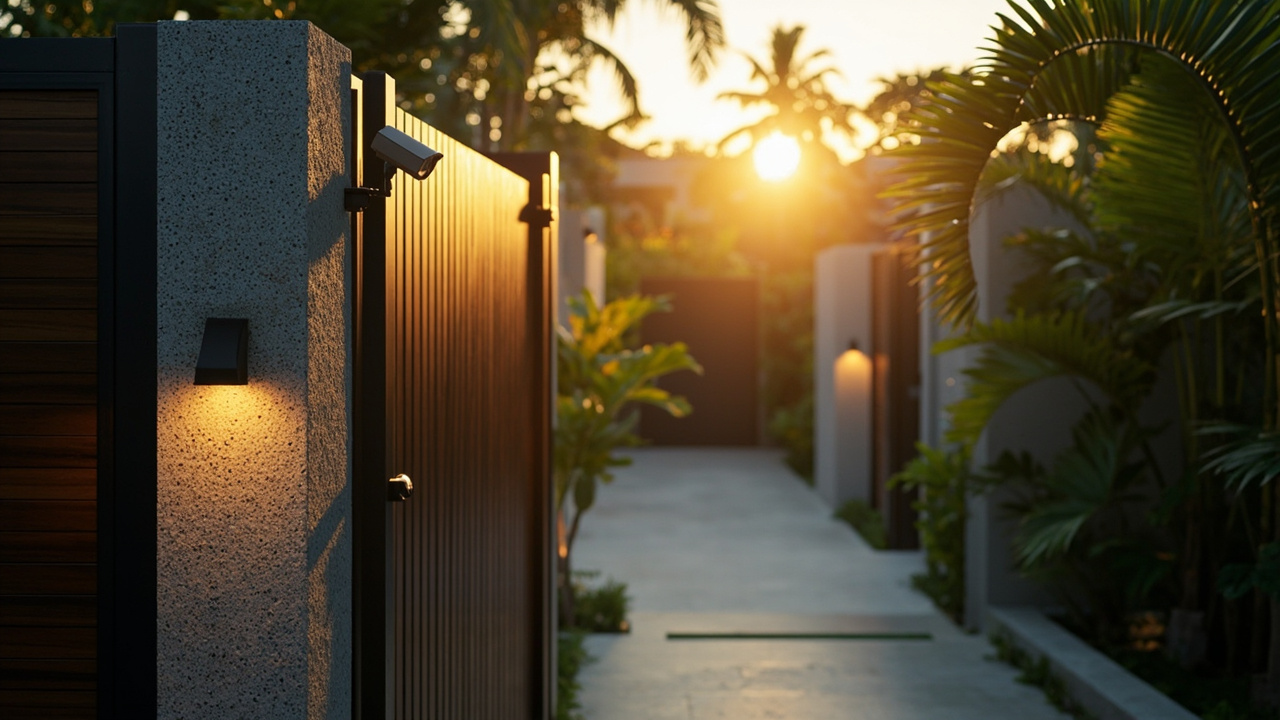 Generated editorial image for Home Security: a reassuring residential scene with quality gates, subtle cameras and well-lit tropical pathways. This is contextual imagery, not a photograph of a specific listing or ThaiLife property.