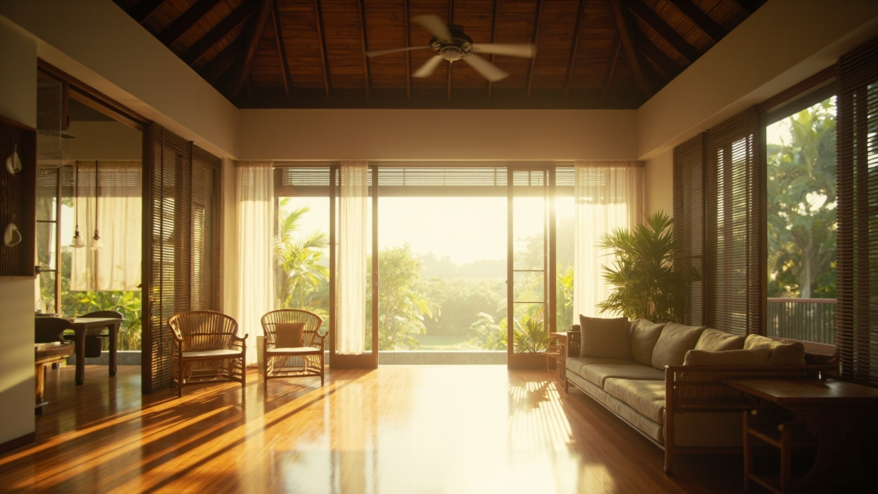 Generated editorial image for Natural Ventilation: an airy tropical interior with open louvres, ceiling fans and cross-breezes moving through the home. This is contextual imagery, not a photograph of a specific listing or ThaiLife property.