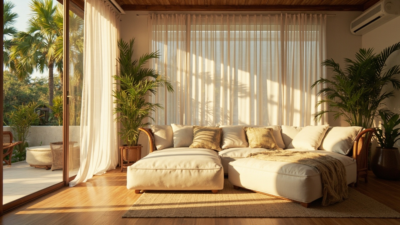 Generated editorial image for Air-Conditioned Comfort: a cool refined bedroom or living area balancing efficient air conditioning with tropical design. This is contextual imagery, not a photograph of a specific listing or ThaiLife property.